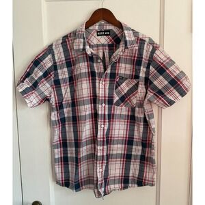 REEF Mens XL Short Sleeve Button Up Shirt Blue Red Plaid Cotton Casual Surf